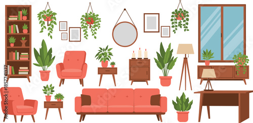 Modern cozy living room interior furniture set with plants, sofa, armchair, shelves, decor elements vector illustration