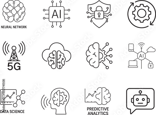 Artificial intelligence and future technology thin line icon set with chatbot, machine learning, 5G, data science.