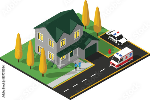 Isometric suburban house scene with police car and ambulance on street, emergency response and neighborhood safety vector illustration