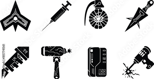 Sci-Fi Cyberpunk Weapons and Tools Vector Icon Set