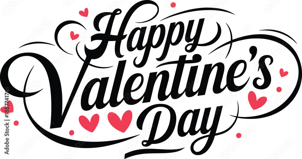Fototapeta premium Happy Valentine's Day Hand Drawn Typography Vector with Decorative Hearts