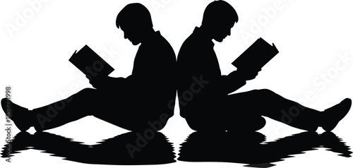 Silhouettes of children reading back-to-back, black figures, reflective surface, study and companionship gesture, white background, learning and connection illustration