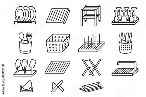 Utensil strainer plate drying icons stand bottle frame kitchen mount vector icon