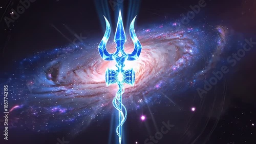 Blue crystal Shiva trident or trishula with galaxy nebula stars and cosmic light rays