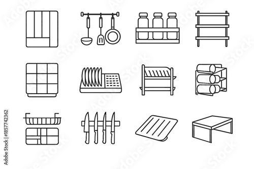 Utensil storage organizer icons riser vector rack kitchen icon bin shelf wall