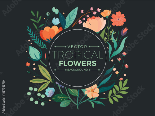Tropical floral vector background with vibrant colorful blooms and lush greenery surrounding a central frame