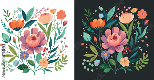 A vibrant dual illustration of a lush garden floral bouquet arrangement on contrasting light and dark backgrounds.