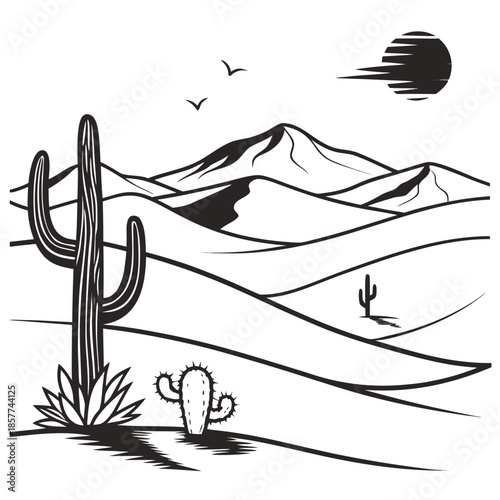 Desert landscape with cacti and mountains