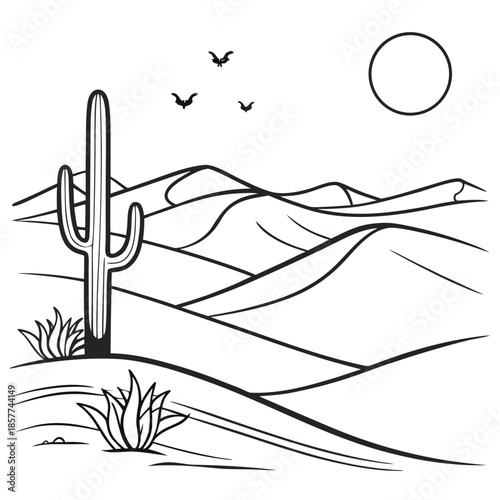 Desert landscape with cactus and moon