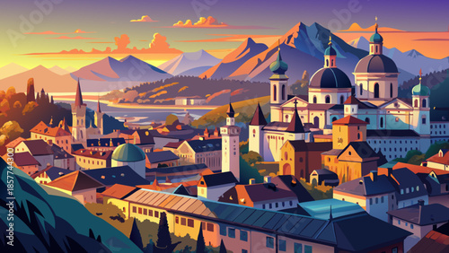 Very beautiful panoramic view of Salzburg at sunset, featuring historic rooftops, church domes, and surrounding alpine hills glowing in warm evening light under a dramatic sky.