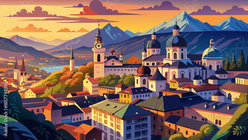 Very beautiful panoramic view of Salzburg at sunset, featuring historic rooftops, church domes, and surrounding alpine hills glowing in warm evening light under a dramatic sky.