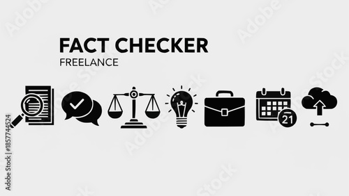 Freelance Fact Checker Icons Representing Research Verification and Business Operations.