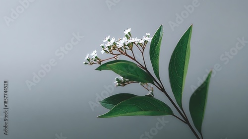 An elegant sprig of flowe plant with vibrant green leaves and tiny white blossoms gently reaches out against a soft grey gradient background in sptime beauty.