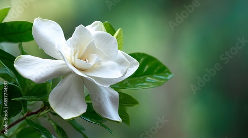An exquisite white gardenia bloom unfurls its delicate petals, enhanced by soft, natural light and vibrant green foliage against an elegant, blurred backdrop.