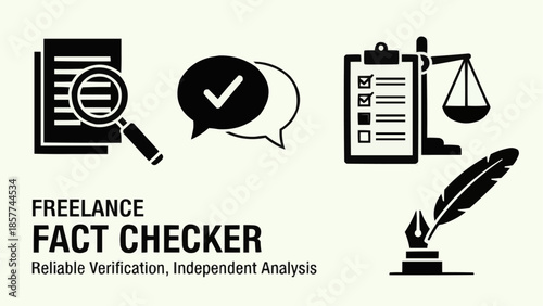 Freelance Fact Checker Icons Representing Verification and Analysis.