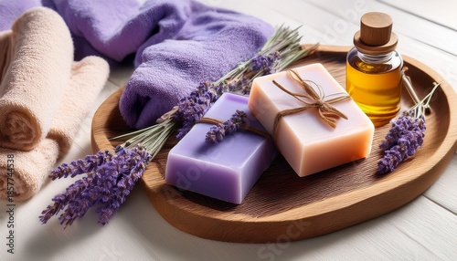 handmade soap bar with lavender on wood towel and essential oil use it for beauty product ads or natural skincare article ideas