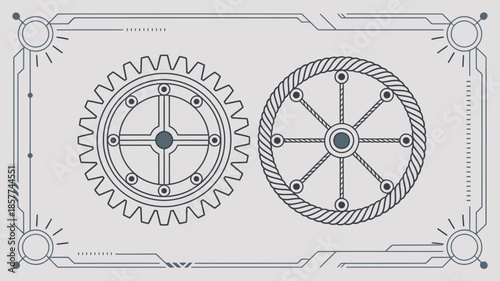 Stylized illustration of a cogwheel and a rope wheel framed by futuristic linear elements