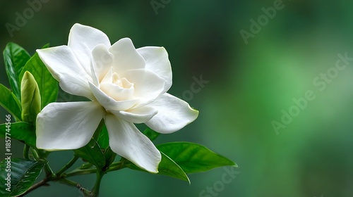 An exquisite white gardenia bloom unfurls its delicate petals, enhanced by soft, natural light and vibrant green foliage against an elegant, blurred backdrop.
