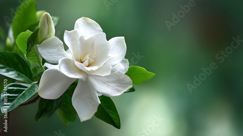 An exquisite white gardenia bloom unfurls its delicate petals, enhanced by soft, natural light and vibrant green foliage against an elegant, blurred backdrop.