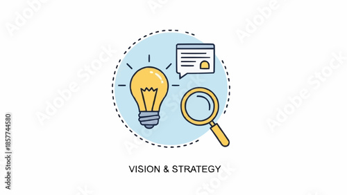 Vision and Strategy Concept with Lightbulb Magnifying Glass and Document Icon.