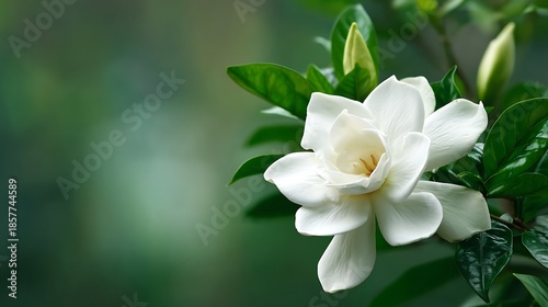 An exquisite white gardenia bloom unfurls its delicate petals, enhanced by soft, natural light and vibrant green foliage against an elegant, blurred backdrop.