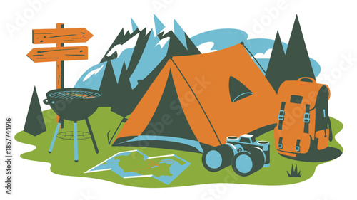 This outdoor camping illustration displays a tent, barbecue, backpack, camera, and map with mountains in the distance