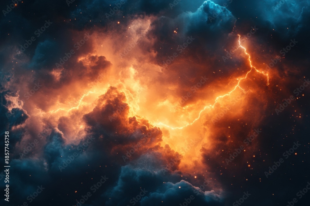 Naklejka premium Vibrant electric storm illuminating the cosmic sky with dramatic clouds