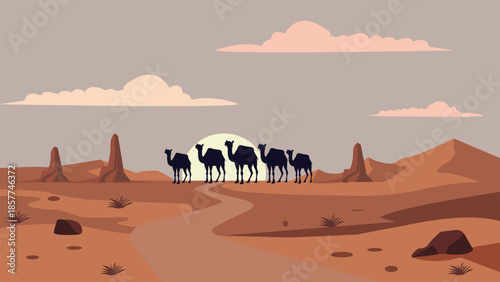 Camel caravan in desert at sunset