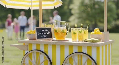 A bright yellow and white striped cart offers fresh lemonade outdoors.