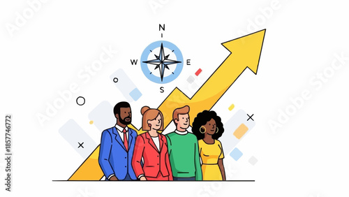 Diverse team of professionals standing confidently with a rising arrow and compass symbolizing growth and direction.