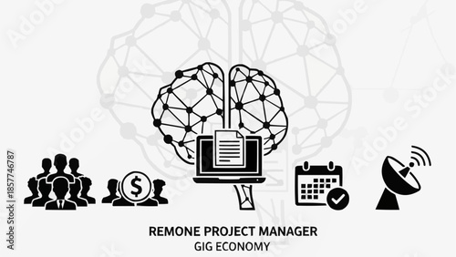 Remote Project Manager Gig Economy Brain Laptop Icons.