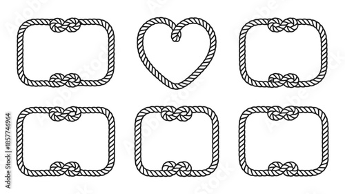 Various black and white rectangular rope frames with decorative knots and a distinct heart frame