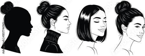 Beautiful woman profile vector set, elegant female faces with stylish hairstyles, beauty salon line art icons, fashion girl silhouettes for cosmetic branding, makeup, and hair.