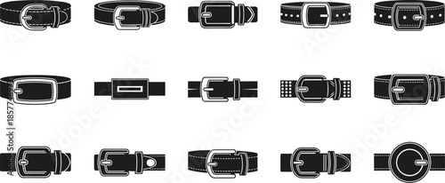 Belt buckle vector set, leather strap accessories collection, fashion garment icons, classic waist belts design, elegant clothing details for professional apparel design projects.