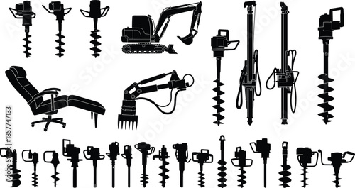Construction heavy machinery vector set, industrial earth drilling equipment, excavator silhouettes, power auger icons, building site engineering tools, professional ground works design elements