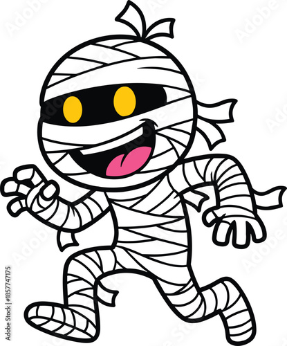 Cute cartoon mummy character illustration, funny Halloween monster vector design, playful spooky mascot isolated on white background art