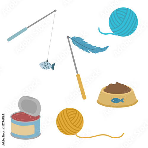 Vector Set of Cat Accessories and Toys: Yarn Balls, Feather Wands, and Cat Food for Pet Shop Design and Seamless Patterns