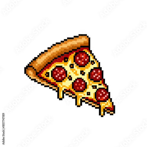 Pixel art illustration of a slice of pepperoni pizza with dripping cheese.