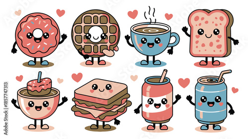 Various cute cartoon breakfast and snack items with friendly faces on a white background