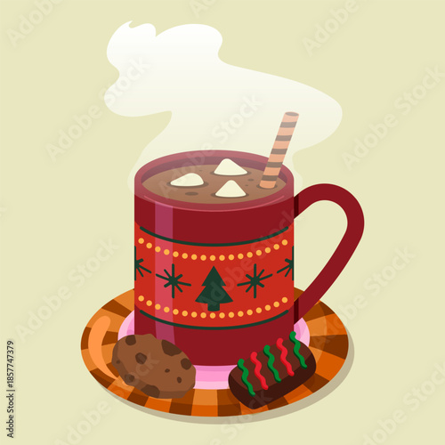A cozy red Christmas mug filled with hot chocolate and marshmallows sits on a saucer with cookies. This flat vector illustration features festive holiday patterns and warm steam.