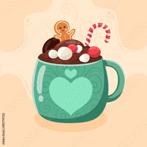 A cozy teal Christmas mug with heart patterns filled with hot chocolate. It features a gingerbread man, candy cane, and marshmallows. This festive winter drink illustration is cute and warm.