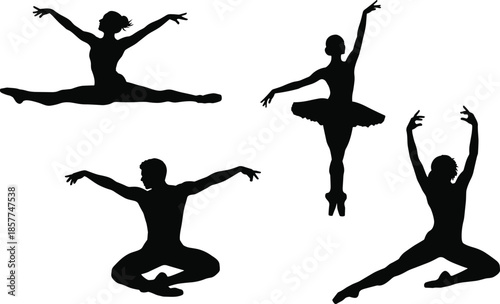 Dynamic Ballet Dancer Silhouettes Set, Powerful Jumps And Elegant Classical Poses, Isolated Black Vector Illustration For Dance Performance, Training, Art, And Design