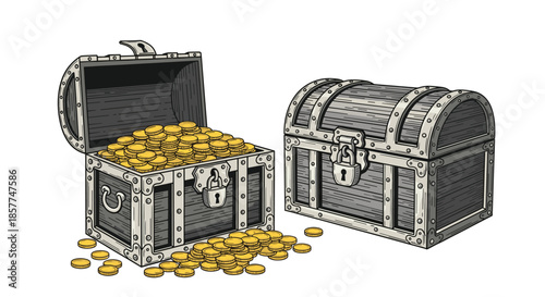 Vintage, hand-drawn illustration of two wooden pirate treasure chests, one closed and locked, the other open and full of gold coins.