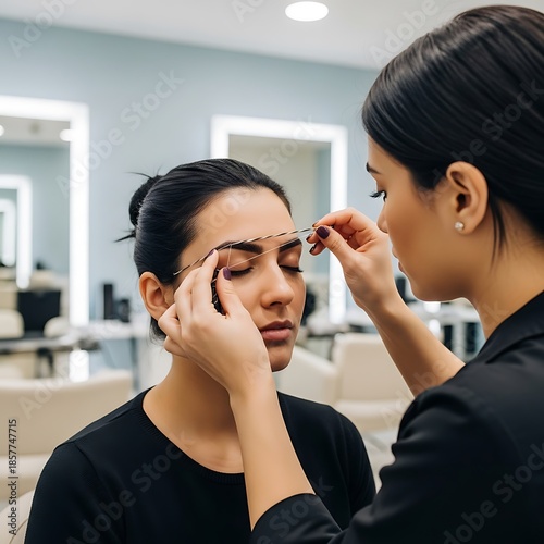 Stylist uses thread to shape client's eyebrows in beauty salon.