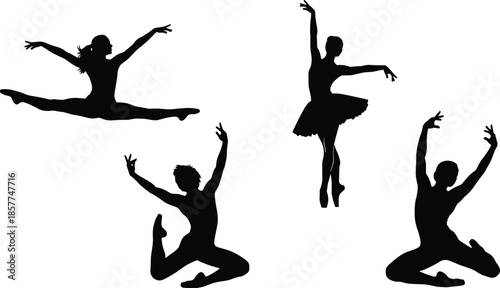 Expressive Ballet Dancer Silhouettes Set, Graceful Leaps And Elegant Classical Poses, Isolated Black Vector Illustration For Dance Performance, Training, Art, And Design