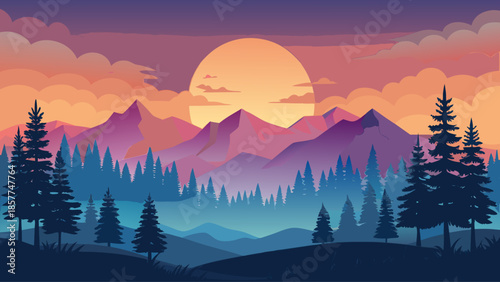 Forest silhouette vector landscape with gradient sunset sky, minimalist nature background