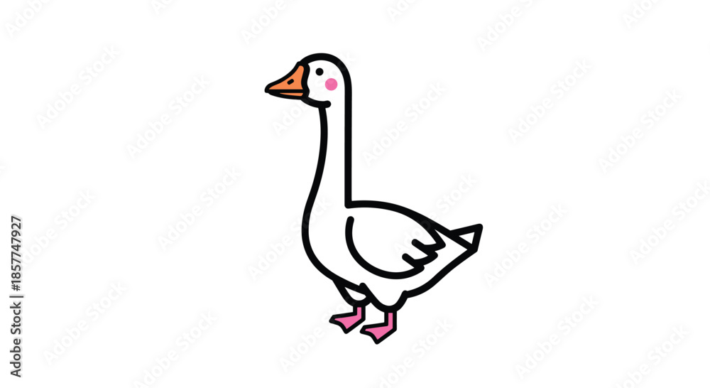 Obraz premium A very simple and cute minimalist cartoon drawing of a white goose or duck with pink feet, illustrated in a charming, child-like style.