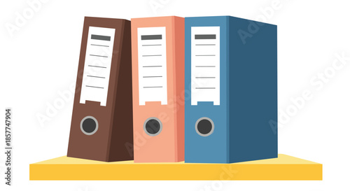 Set of three organized office binders in brown, peach, and blue colors standing on a yellow shelf, flat vector design.