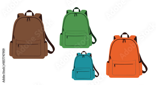 Collection of four different colored school backpacks including brown, green, orange, and blue, flat vector art.