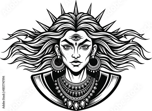 Goddess with third eye and sun crown vector illustration, mystical tribal woman portrait, spiritual esoteric art for tattoo design, woodcut style goddess,